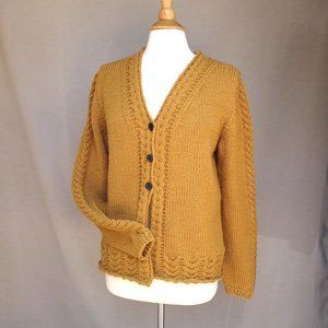 Mustard Gold Cardigan Sweater Cable Design Hand Knit, Merino Wool M L